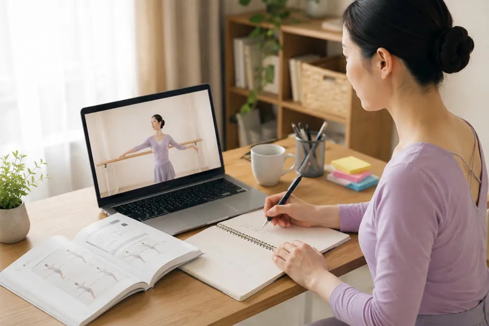 机でノートを取りながら、パソコンの動画でバレエを学ぶ様子